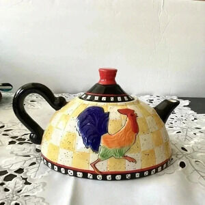 Ceramic Tea Pot, Vintage Rooster Teapot, Yellow Blue Glaze, Hostess Gift